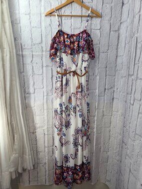 A. Byer Medium White Floral Off the Shoulder Boho Summer Festival Maxi Dress